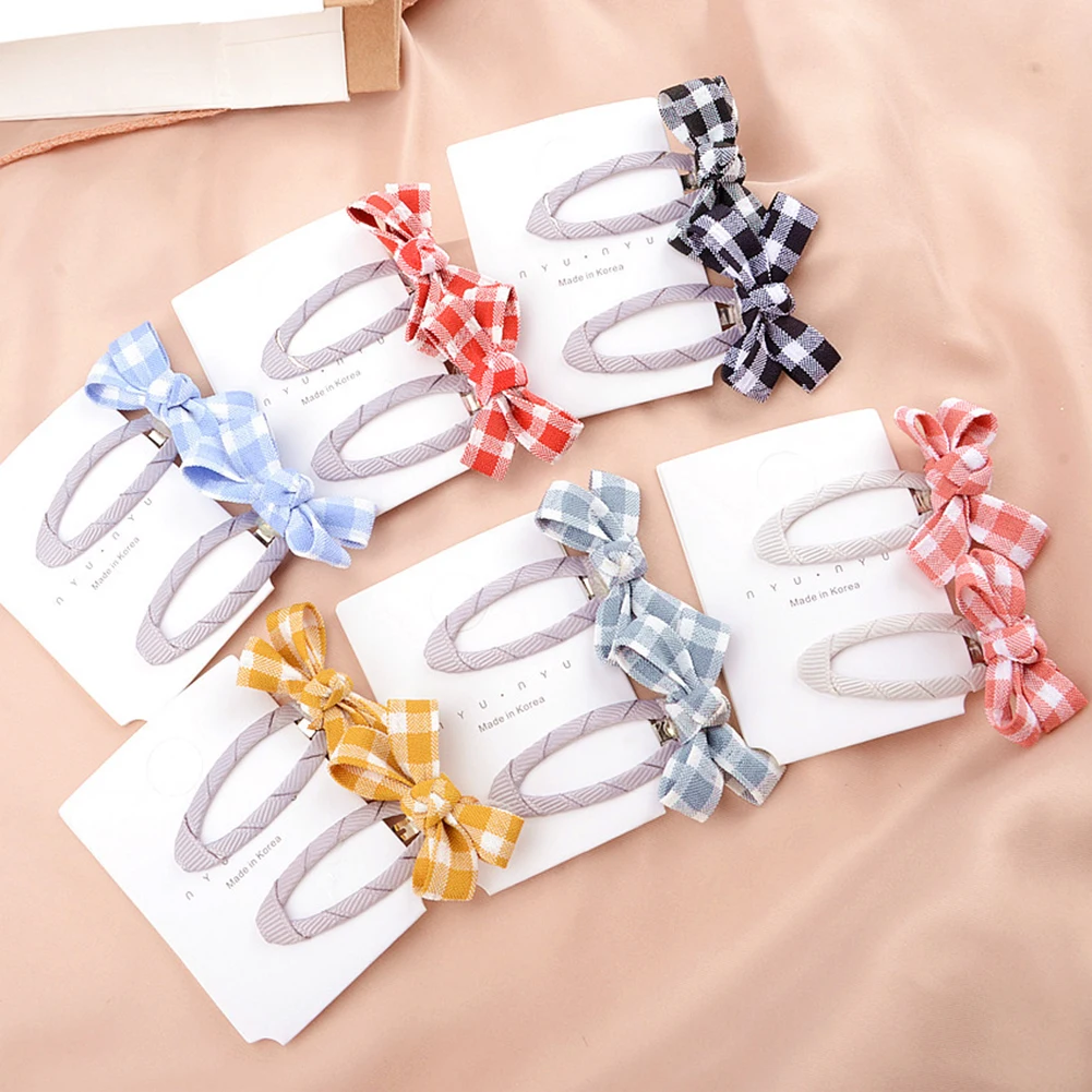 

2Pcs/Set Cute Grid Plaid Cloth Bow Hair Clip Headband BB Clip For Girls Kids Handmade Boutique Mini Hairpin Hair Accessories