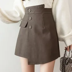 Ljsxls coreano moda cintura alta primavera outono botão mini curto para mulher saia preta saias de couro do plutônio das mulheres roupas 2022