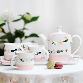 

Hand Drwan Floral Under Glaze Ceramic Coffee Tea Set British Afternoon 250ml Tea Cups Drinkware Set 760ml Teapot