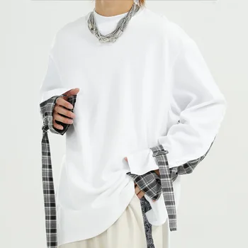 

Male Women Streetwear Hip Hop Couple White Black Tees Shirts Men Plaid Splice Long Sleeve Casual Loose T-shirt
