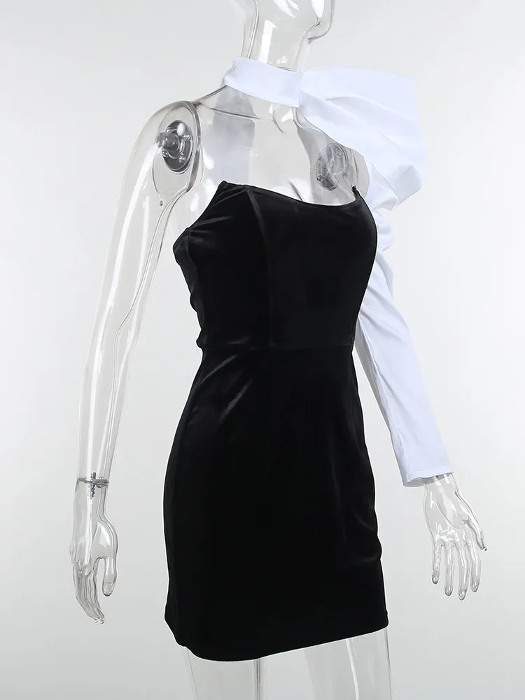 Elegante minivestido de fiesta con un solo hombro y mangas abullonadas, de patchwork, sin espalda, sexy, ajustado, para noche y club, 2025