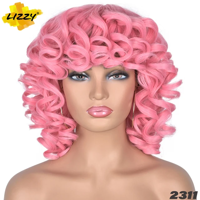 Short Hair Afro Curly Wig With Bangs Loose Synthetic Cosplay Fluffy Shoulder Length Natural Wigs For Black Women Dark Brown 14