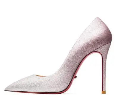 Новинка; туфли с красной подошвой; женские пикантные туфли-лодочки; шикарные туфли на высоком каблуке с закрытым острым носком; женские свадебные вечерние туфли на тонком каблуке-шпильке; сезон осень - Цвет: Silver pink  10cm