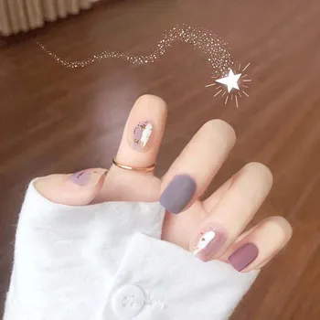 

24pcs Matte Frosted Temperamental Color Paillette Decor Wearable Fake Nails Patch Suitable Daily Wear short artificial nails