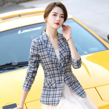 

Women Elegant Plaid Blazer Pockets Jackets Female Retro Suits Coat Long Sleeve Single Button Slim Check Coat