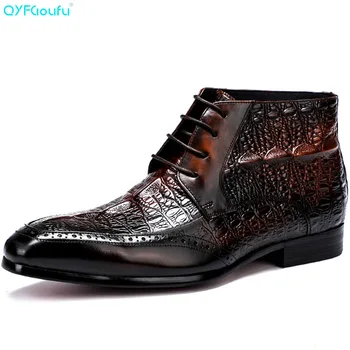 

QYFCIOUFU 2019 Fashion Design Genuine Leather Men Ankle Boots High Top Lace Up Booties Dress Shoes Basic Alligator Skin Boots