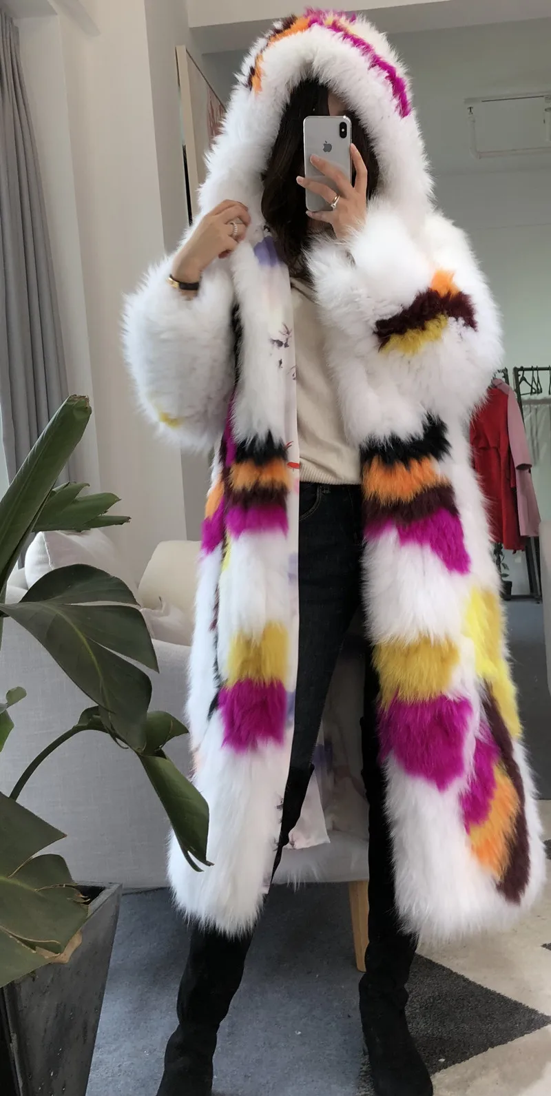 women fur coat with hood real fox fur knitted jacket long (8)