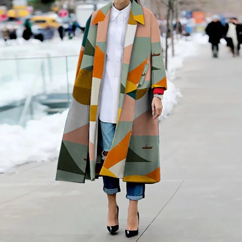 Женское модное клетчатое пальто с отворотом, куртка, осень и зима, стиль Kpop, длинное женское пальто