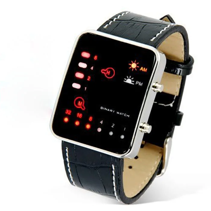 Бинарные часы, цифровой Красный светодиодный, спортивные наручные часы, Бинарные наручные часы из искусственной кожи, женские мужские часы, мужские часы, цифровые часы