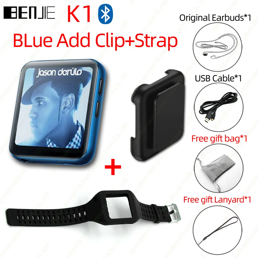 BENJIE K1 полный сенсорный экран Bluetooth MP3 плеер портативный аудио 8 ГБ 16 ГБ мини клип музыкальный плеер с fm-радио, рекордер, электронная книга - Color: Blue With Strap