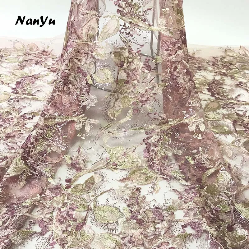 

2019 African Lace Fabric Luxury Flowers Quality Material Lace Mesh Fabric With Sequins For Women Dress