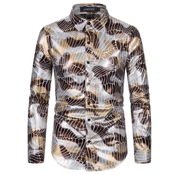 

YS089 Spring New Style Foreign Trade Casual MEN'S Long-sleeved Shirt Digital Bronzing Printed Elasticity Men Shirt