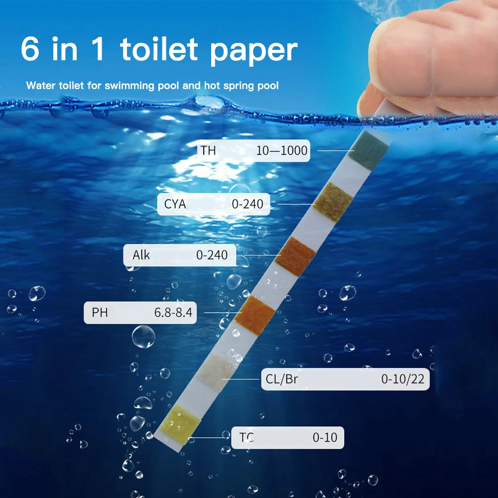 

6-In-1 Swimming Pool PH Test Paper 50 Strips Residual Chlorine PH Value Alkalinity Hardness Test Strip PH Tester Pool Cleaner To