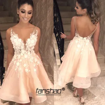 

Peach Homecoming Dresses Spaghetti Straps V-Neck Knee Length Backless Lace Appliques Prom Party Dresses vestidos cortos
