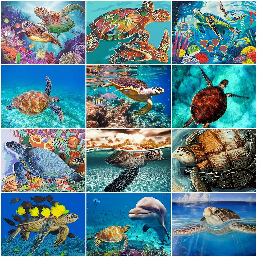 Huacan 動物のカメの絵 数字による絵画 海の写真 数字 ハンドキット キャンバス 家の装飾 ギフト Aliexpress ホーム ガーデン