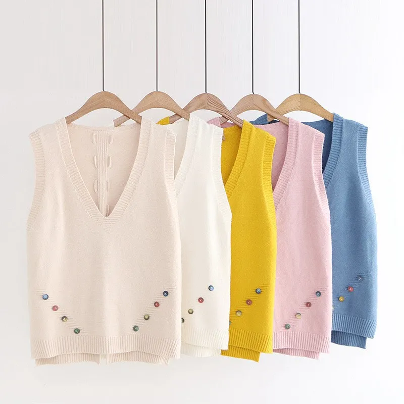 

5 Color Women V-Neck Sleeveless Knitted Vest Button Colorful Buttons Decoration Female Loose Casual Pullovers