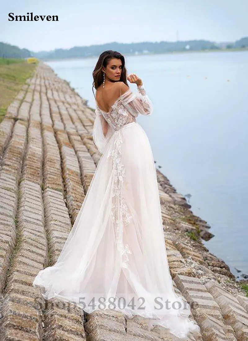 Smileven Boho Свадебные платья трапециевидной формы с пышными рукавами пляжные кружевные платья невесты Свадебные платья с аппликацией