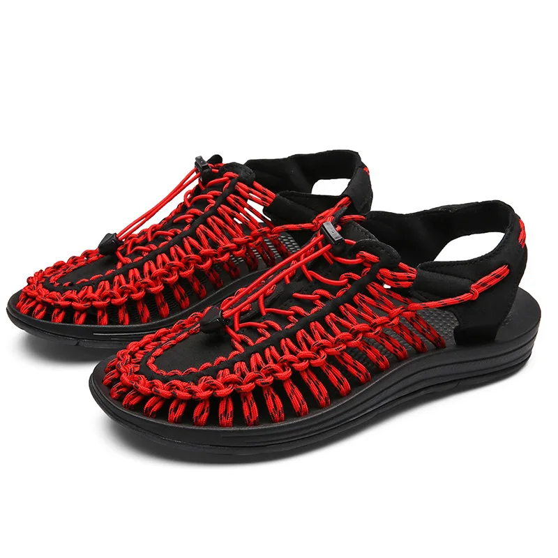 Летние повседневные мужские сандалии; большие размеры; 6 цветов; Модные Тканые сандалии Баотоу; плетеная обувь; Высококачественная пляжная обувь - Цвет: Red 1