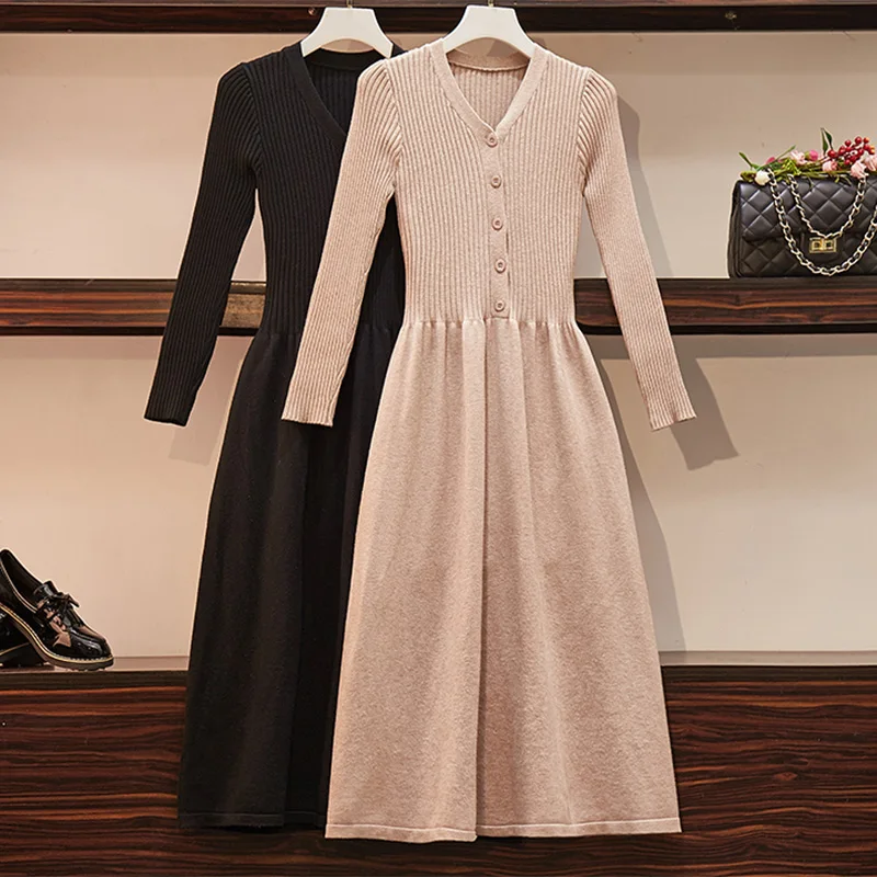 

Large Plus Size Winter Women Knitted Sweater Dress Long Button Thick V Neck A Line Female Fall Dress Robe Bottom Warm Dress