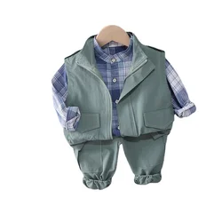 Nova primavera bebê meninos roupas terno moda crianças colete xadrez camisa calças 3 pçs/set crianças roupas esportivas outono da criança traje casual