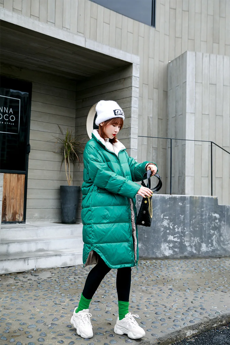 Winter New Style down Jacket Women's Mid-length over-the-Knee Stand Collar Korean-style Loose-Fit Coat Solid Color Versatil