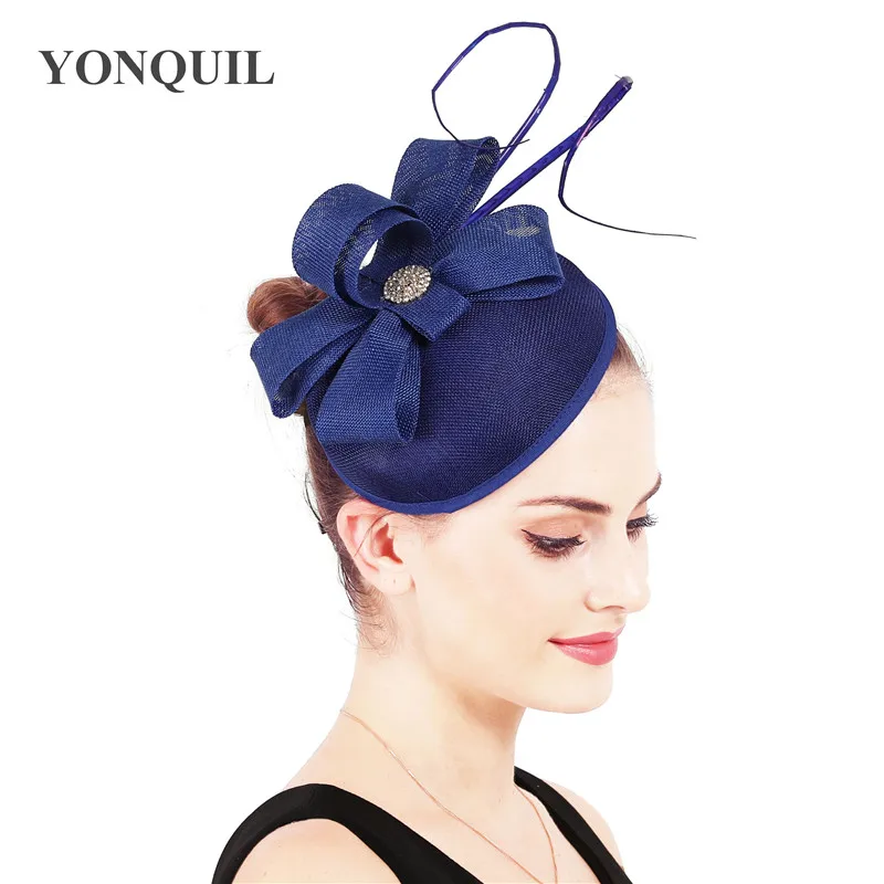 

royal blue cocktail fascinators hats with feather for wedding high quality imitation sinamay base derby headpieces race headwear