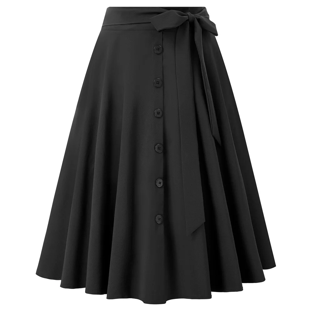 Black Belle Poque плиссированные юбки с пуговицами, Юбки миди с бабочками, женская черная юбка с высокой талией, Элегантная Юбка saia,, размер XL - Цвет: Black