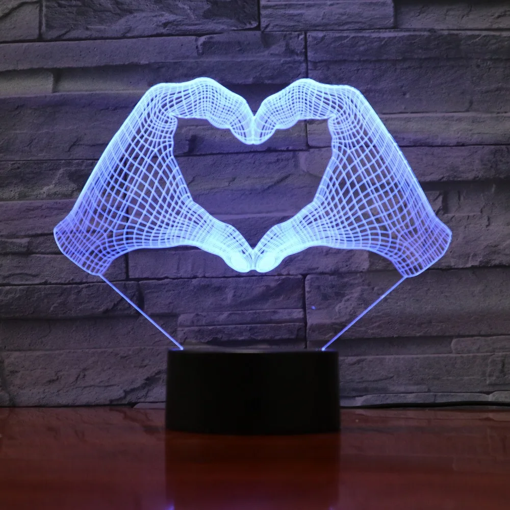 3D светодиодный Светильник-ночник с 7 цветами, светильник с сердечком и жестом руки, лампа для украшения дома, потрясающий оптический светильник, рождественский подарок, декор для сна