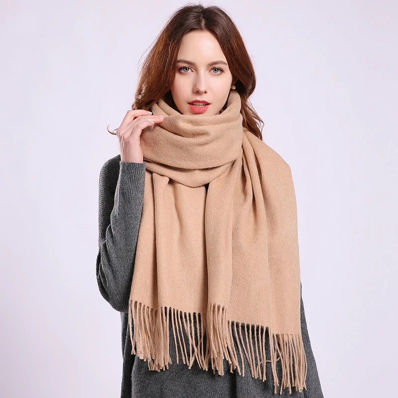 Winter 100% Real Wool Scarf Women Large Echarpe With Tassel Shawl and Wraps Warm Foulard Pashmina Solid Camel Pure Wool Scarves