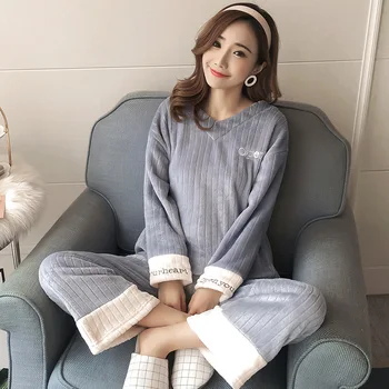 

Coral Velvet Pajamas Women's Autumn & Winter Thick Warm Cute Lettered Students Flannel-Outer Wear Homewear Set