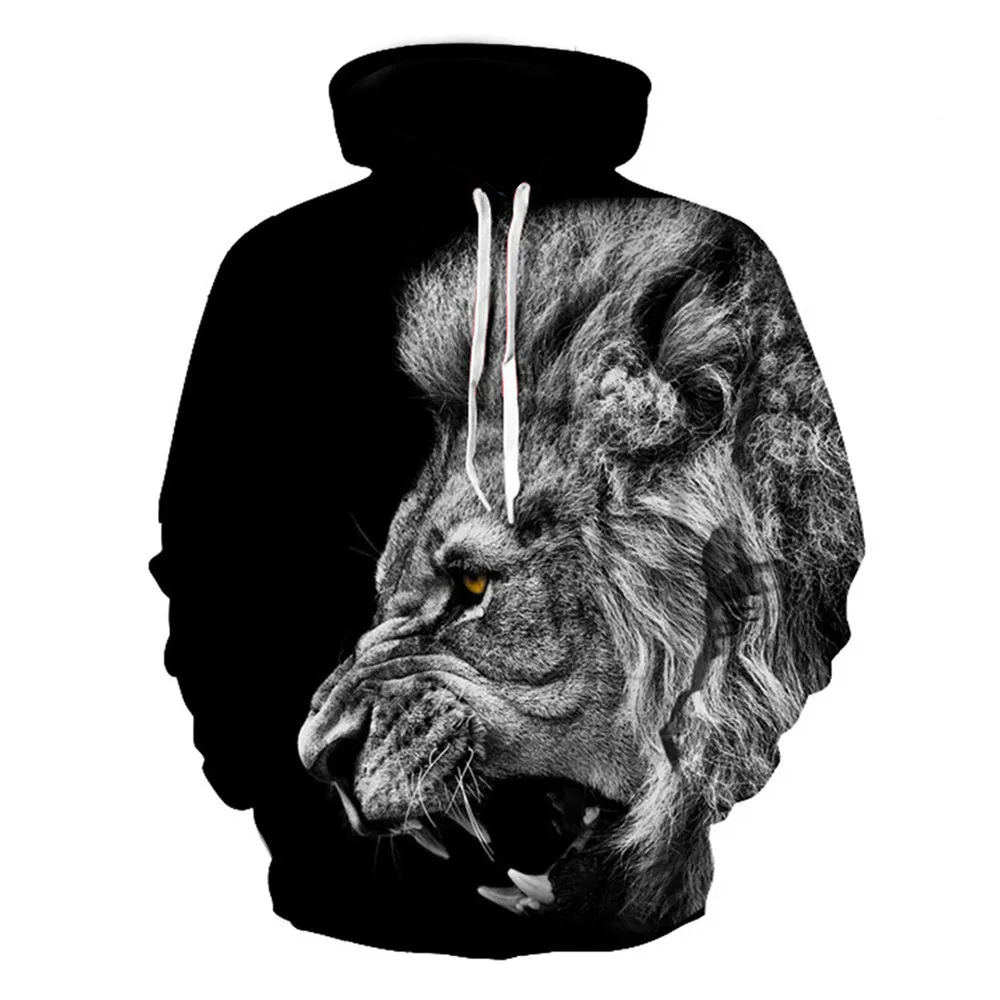 Толстовки с 3D принтом льва для женщин и мужчин с животным принтом, с капюшоном, с длинным рукавом, с карманом, пуловер, Зимние Повседневные уличные толстовки - Цвет: Black White