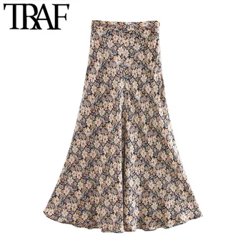 

TRAF Women Chic Fashion Floral Print Midi Skirt Vintage High Waist Side Zipper Female Skirts Faldas Mujer