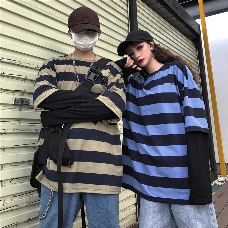 Woherb Harajuku футболка для женщин и мужчин в полоску Топы пэчворк Поддельные 2 шт. свободная футболка с длинным рукавом корейская модная футболка уличная одежда