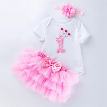 Set di Abbigliamento per Primo Compleanno Bambina, Body in Cotone per Neonata + Gonna Tutu Rosa + Fascia per Capelli, 3 Pezzi/Set, Vestiti per Festa di 1 Anno