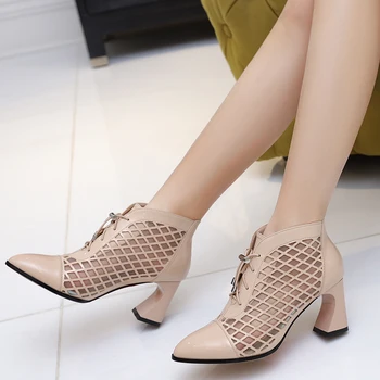 

Sarairis Dropship Patent Leather Skin Hoof High Heels Mesh Shoelaces Shoes Women Ankle Boot Sandals Woman