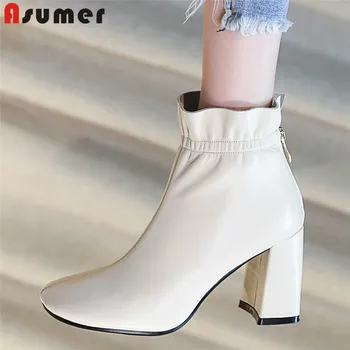 

ASUMER 2020 new autumn winter genuine leather boots square toe ladies ankle boots square high heels shoes women prom dress boots