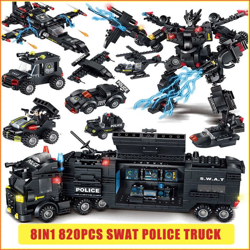 

8in1 Compatible Legoed SWAT Police Truck Sets Building Blocks 820PCS City Command Warship Mecha Truck Bricks Kids Toys