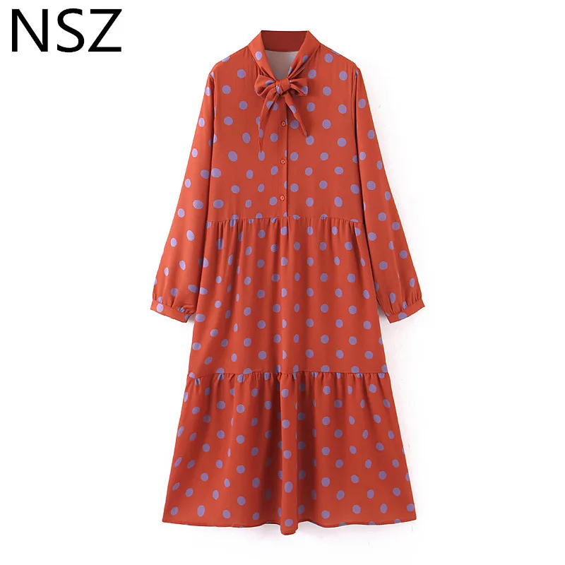 

NSZ Women Polka Dot Long Maxi Dress Bow Tied Neck Dresses Loose Casual Fashion Long Sleeve Dresses Vestidos