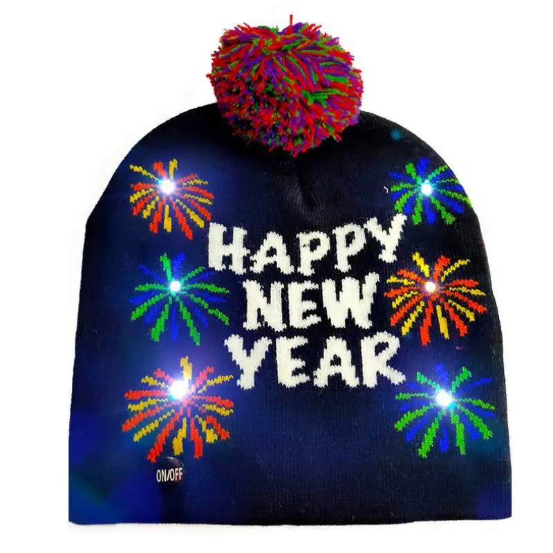 LED Christmas HAPPY NEW YEAR Knitted Hats Light-up Xmas Knit Beanie Adults Cap - Цвет: As shows