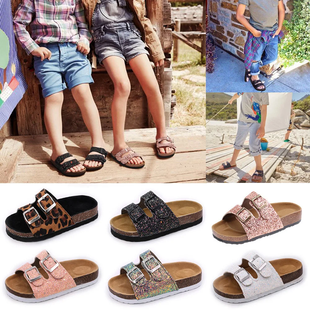 

Kids Boys Girl Bling Sequins Leopard Printed Shoeses Slippers Cork Soft Beach Summer Slip On Buckle Flat Shoes For Children D30