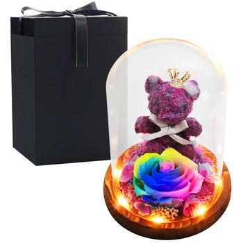 

2021 Immortal Dried Flowers Teddy Rose Bear Eternal Rose in Glass Dome Forever Love Christmas New Year Gifts for Home Decor