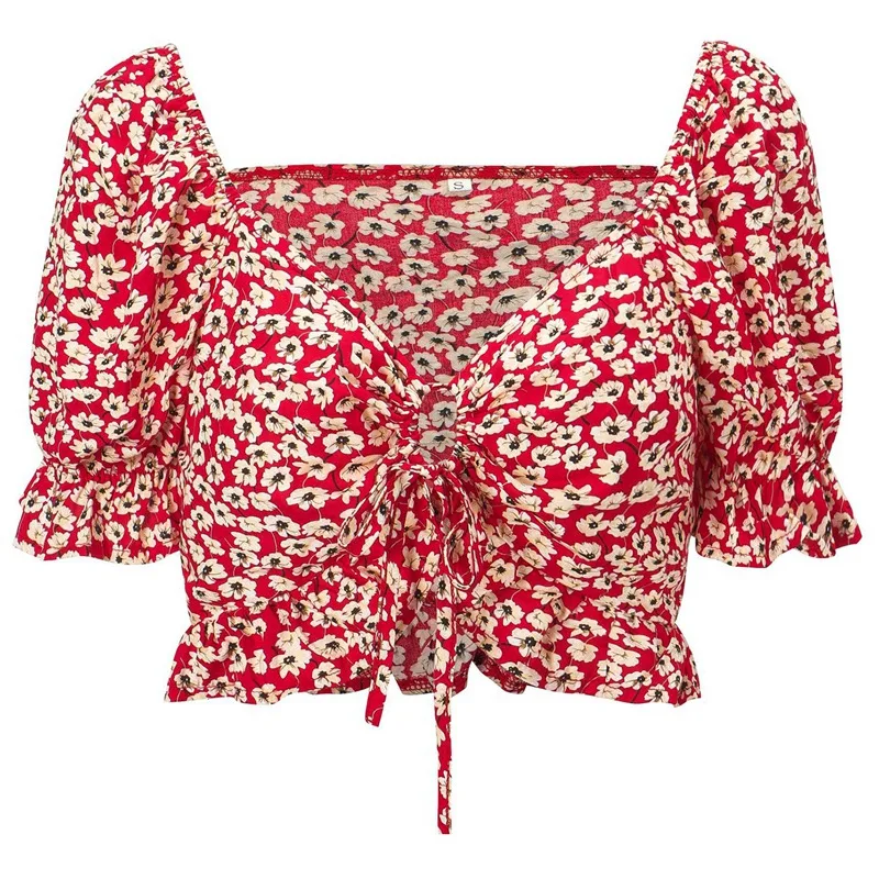 

Women Floral Print Camis Tops Women Ruffle Square Neck Bow Cropped Shirt Women Tops Red XL
