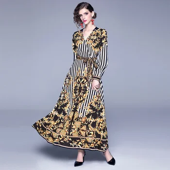 

Vintage Baroque Printed Dress Woman Ankle-Length Long Dress 2019 Autumn Long Sleeve Cross V-Neck Boho Maxi Dresses Belt Vestido