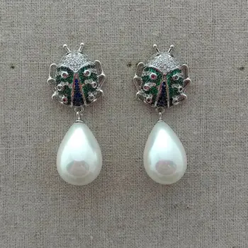 

White Sea Shell Pearl White Golden Plated CZ Beetle Earrings