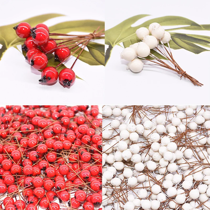 100Pcs Mini Pomegranate Artificial Flowers Stamens Red White Berries Cherry Fake Fruit for Wedding Christmas Decoration