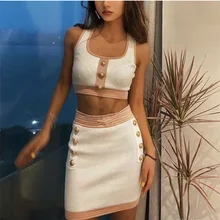 Sexy Two Piece Women Knitted Crop Top and Skirt Set 2021 Autumn SIngle Breasted Knit Tank Top and high waist Bodycon Skirt Suit