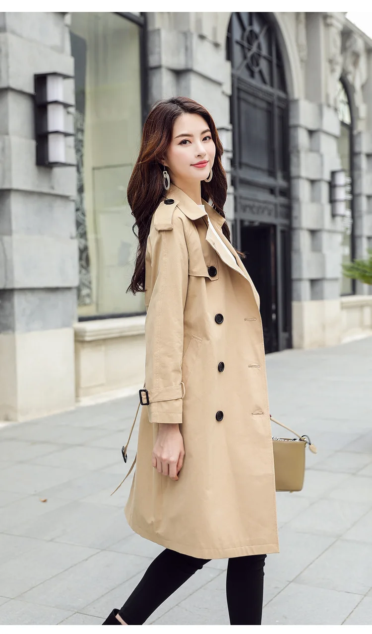 Корейский дизайнерский двубортный Тренч женское осеннее пальто с поясом Ветровка Длинные пальто Женский Тренч длиной до колена