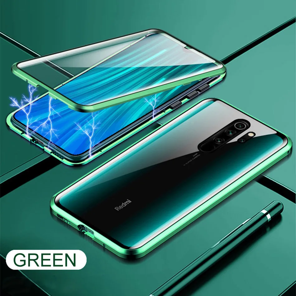 Роскошный магнитный металлический чехол с адсорбцией для Xiaomi Redmi Note 8 7 K20 Pro 8A двухсторонний стеклянный чехол для Xiaomi CC9 9se жесткий чехол - Цвет: Green