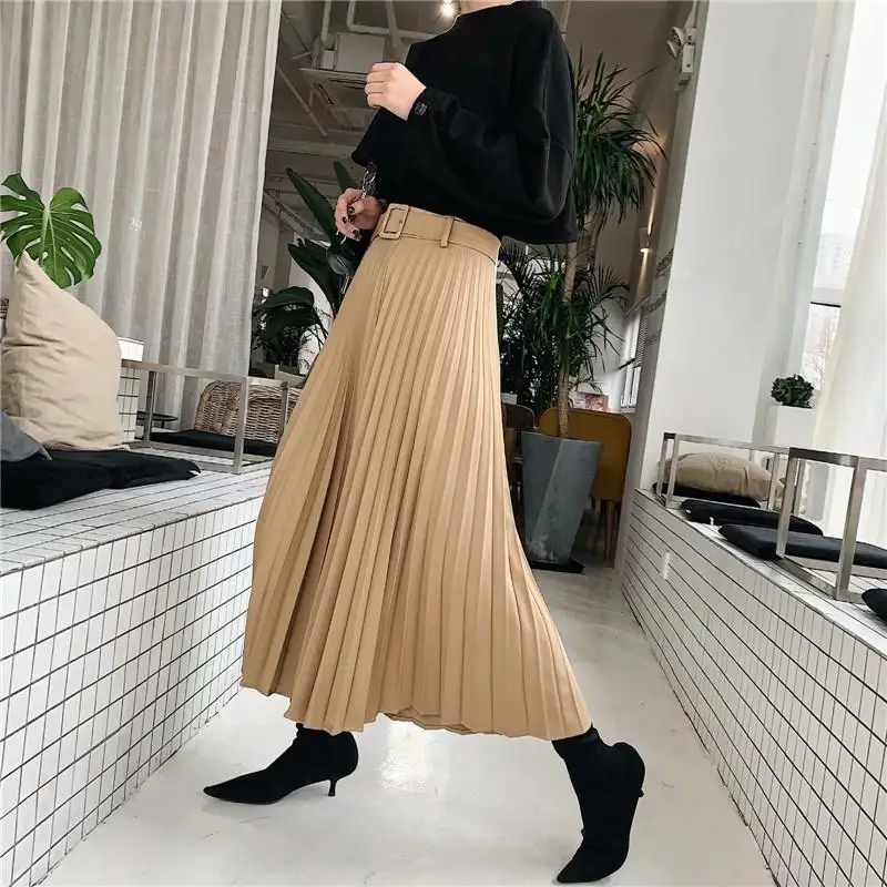 Женская плиссированная юбка с высокой талией, новинка, модная длинная юбка с поясом на молнии, однотонная свободная трапециевидная юбка