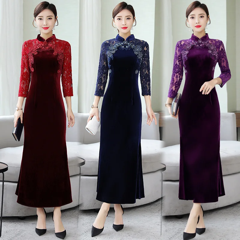 

2020 New Style Lady Velvet Lace Splicing Dress Elegant Middle-aged Middle-aged Women Dress High-End Long Skirts Evening Gown